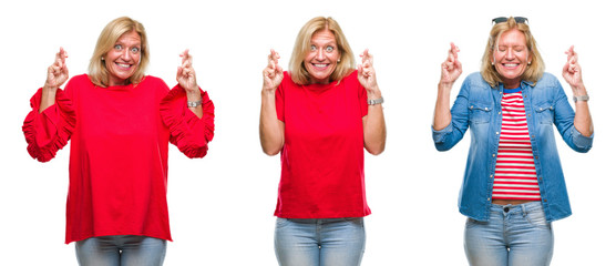 Collage of beautiful middle age blonde woman over white isolated backgroud smiling crossing fingers with hope and eyes closed. Luck and superstitious concept.