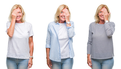 Collage of beautiful middle age blonde woman over white isolated backgroud covering one eye with hand with confident smile on face and surprise emotion.