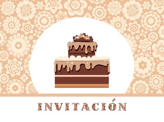 Invitation, postcard, chocolate cake, Spanish, floral, beige, vector. Color card. Invitation to a holiday, event, celebration. The inscription in Spanish 