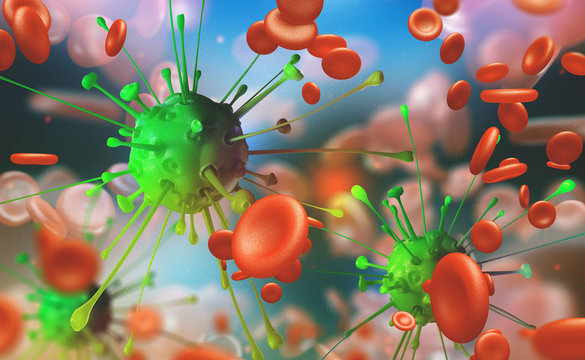 Flu and common cold, blood infection. Microbes under the microscope. Immunity of the body. 3D illustration germs and virus