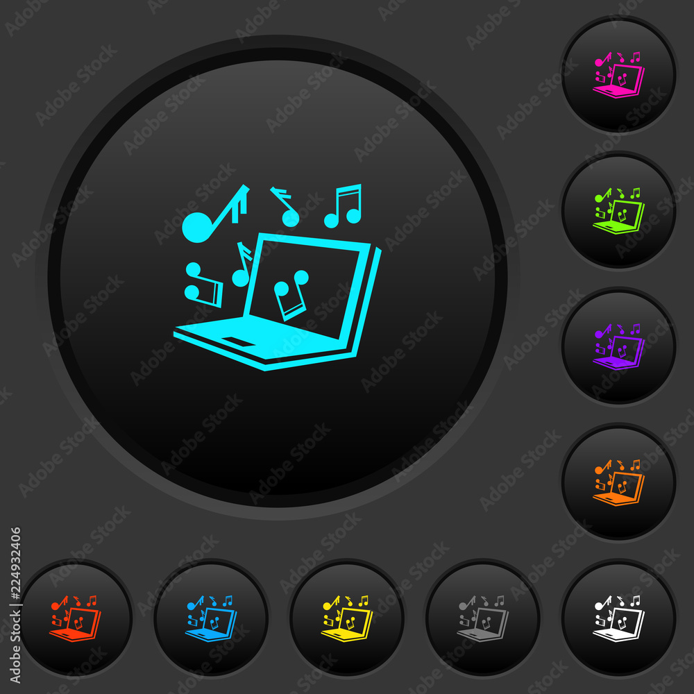 Poster laptop with music symbols dark push buttons with color icons