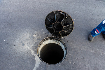 open sewage shaft on the road