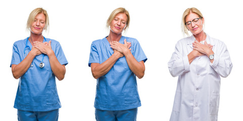 Collage of beautiful middle age blonde doctor woman white isolated backgroud smiling with hands on chest with closed eyes and grateful gesture on face. Health concept.