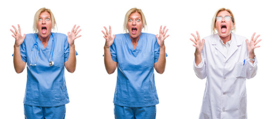 Collage of beautiful middle age blonde doctor woman white isolated backgroud crazy and mad shouting and yelling with aggressive expression and arms raised. Frustration concept.