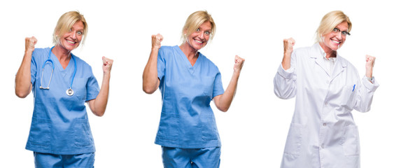 Obraz premium Collage of beautiful middle age blonde doctor woman white isolated backgroud very happy and excited doing winner gesture with arms raised, smiling and screaming for success. Celebration concept.