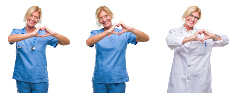 Collage of beautiful middle age blonde doctor woman white isolated backgroud smiling in love showing heart symbol and shape with hands. Romantic concept.