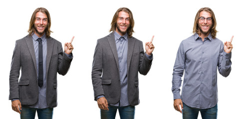 Collage of handsome business young man over white isolated backgroud with a big smile on face, pointing with hand and finger to the side looking at the camera.