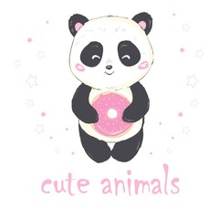 Vector Illustration: A cute cartoon giant panda is sitting on the ground, sticking tongue out, with a branch of bamboo leaves in hand