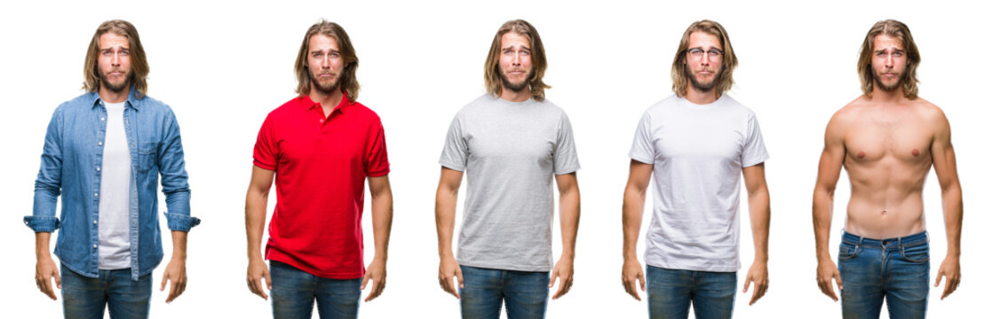 Collage of handsome young man wearing casual look over white isolated backgroud depressed and worry for distress, crying angry and afraid. Sad expression.