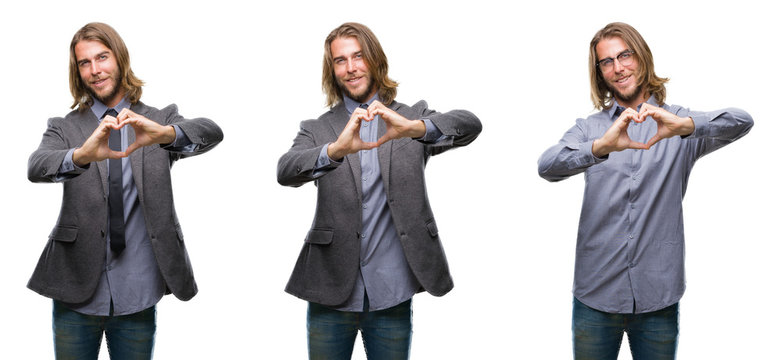 Collage of handsome business young man over white isolated backgroud smiling in love showing heart symbol and shape with hands. Romantic concept.