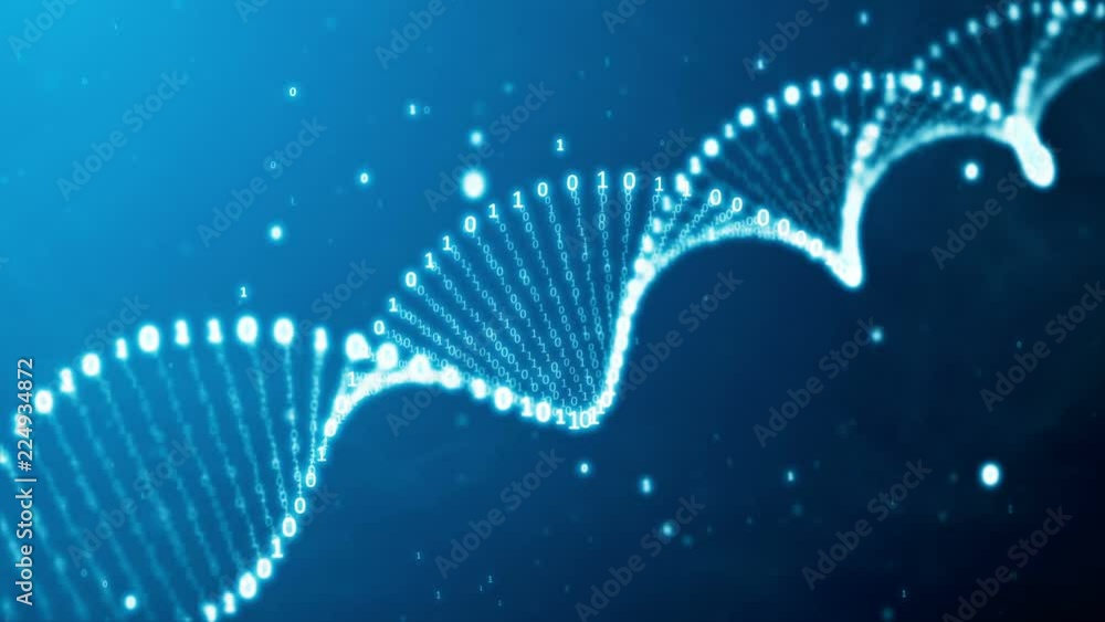 Poster dna from a binary code on a blue background with smoke