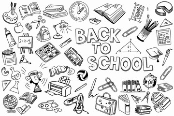 School and education doodles hand drawn sketch with symbols and objects. Education concept - obrazy, fototapety, plakaty