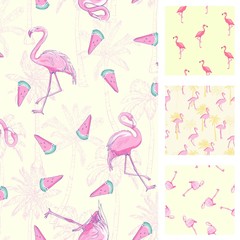 Cute set of Pink Flamingo tropical vibes seamless patterns. Vector illustration.