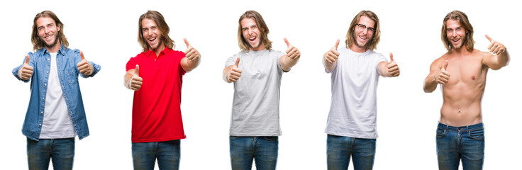 Collage of handsome young man wearing casual look over white isolated backgroud approving doing positive gesture with hand, thumbs up smiling and happy for success. Looking at the camera