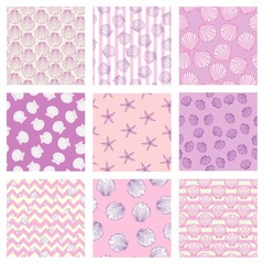 Set of sea and nautical seamless patterns in white and pale blue colors. Vector illustration.