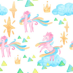 Fairy tale watercolor illustration. Cartoon seamless pattern with unicorn collection. Magic cute baby backgrounds. Pegasus, sky, clouds, Stars, plants, flowers