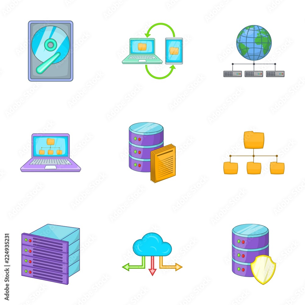 Poster hosting technology computer network service icons set. cartoon illustration of 9 hosting technology 