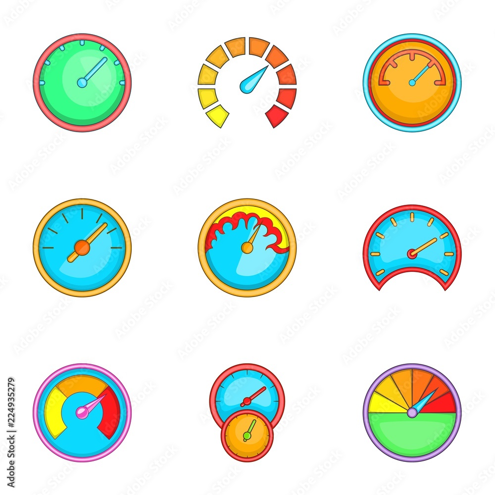 Poster types of speedometers icons set. cartoon illustration of 9 types of speedometers vector icons for we