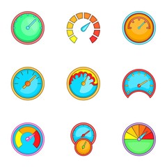 Types of speedometers icons set. Cartoon illustration of 9 types of speedometers vector icons for web