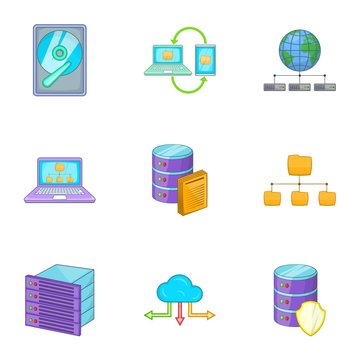 Hosting technology computer network service icons set. Cartoon illustration of 9 hosting technology computer network service vector icons for web