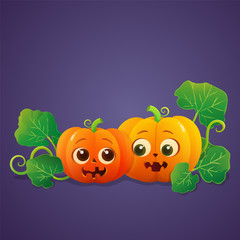 Cute Jack O'Lantern with green leaves and vines for halloween. Isolated on violet background. Vector illustration.