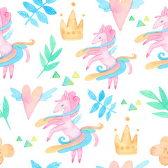 Fairy tale watercolor illustration. Cartoon seamless pattern with unicorn collection. Magic cute baby backgrounds. Pegasus, Stars, plants, flowers
