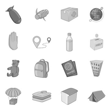 Refugees icons set in monochrome style isolated on white background