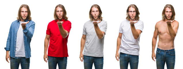 Collage of handsome young man wearing casual look over white isolated backgroud looking at the camera blowing a kiss with hand on air being lovely and sexy. Love expression.