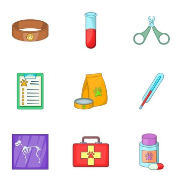 Veterinary equipment icons set. Cartoon illustration of 9 veterinary equipment vector icons for web