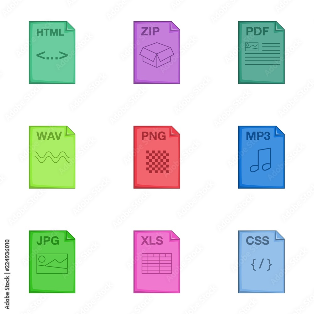 Poster document file format icons set. cartoon illustration of 9 document file format vector icons for web