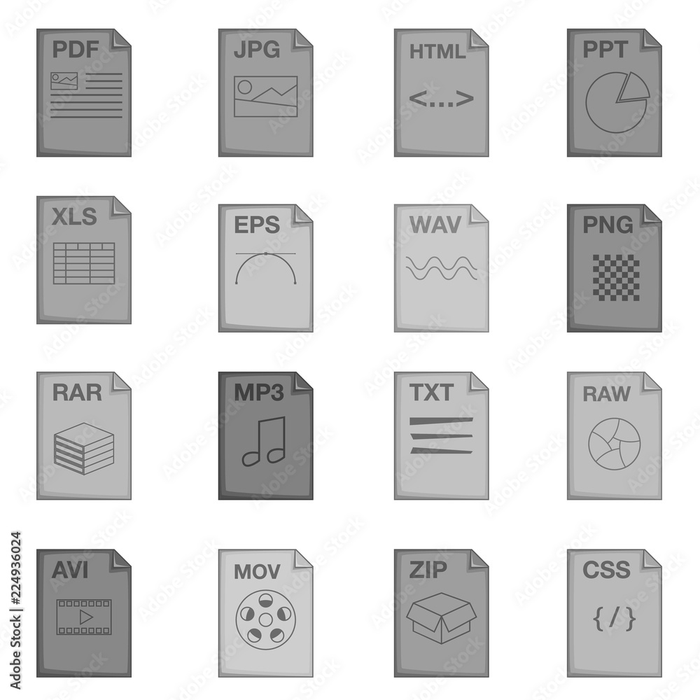Poster file extension icons set in monochrome style isolated on white background