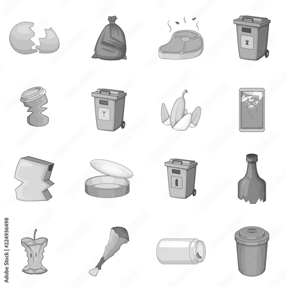 Poster garbage items icons set in monochrome style isolated on white background