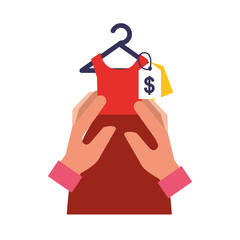 hands holding red dress tag price online shopping