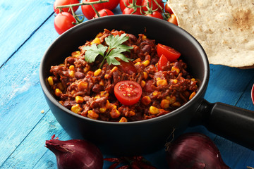 Hot chili con carne. mexican food tasty and spicy.