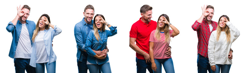 Collage of beautiful couple together over white isolated backgroud doing ok gesture with hand smiling, eye looking through fingers with happy face.