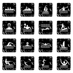 Obraz premium Water sport icons set in grunge style isolated on white background vector illustration