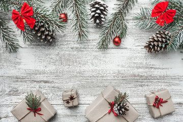 Christmas decoration on old grunge wooden board