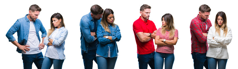 Fototapeta premium Collage of beautiful couple together over white isolated backgroud skeptic and nervous, disapproving expression on face with crossed arms. Negative person.