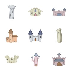 Knights, royal, princess castle icons set. Cartoon illustration of 9 knights, royal, princess castle vector icons for web