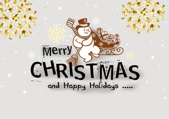 Christmas Illustration with Snowman and Shining Golden Snowflakes on White Snowy Background - Vector
