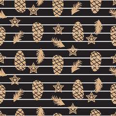 Pine cone and stars winter black seamless pattern.