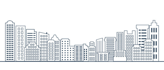 thin line buildings. Cityscape with skyscrapers. Urban landscape in flat line. Vector illustration of modern city buildings. Thin line design elements of city scape. 