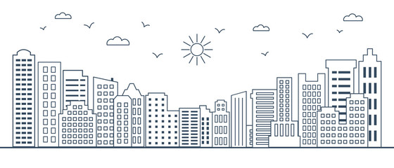 thin line buildings. Cityscape with skyscrapers, clouds, birds and sun. Urban landscape in flat line. Vector illustration of modern city buildings. Thin line design elements of city scape. 