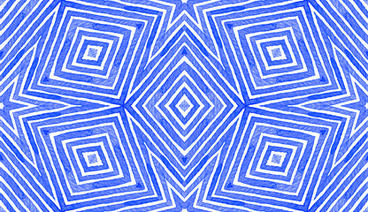 Blue Geometric Watercolor. Curious Seamless Pattern. Hand Drawn Stripes. Brush Texture. Unequaled Ch