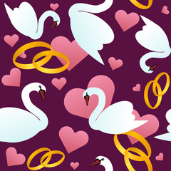 Seamless pattern with swans wedding rings and hearts