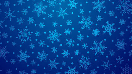 Fototapeta na wymiar Christmas illustration with various small snowflakes on gradient background in blue colors