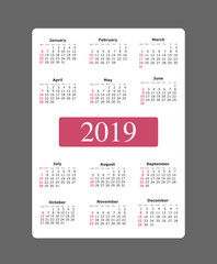 Vector illustration Calendar 2019.  Week starts on Sunday. Classic style. Layers grouped for easy editing illustration. For your design.