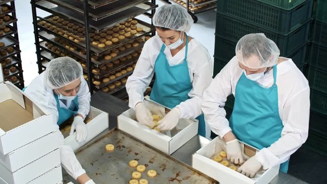 High angle view of three factory workers in protective clothing packing delicious freshly baked cookies into boxes before sending them to stores