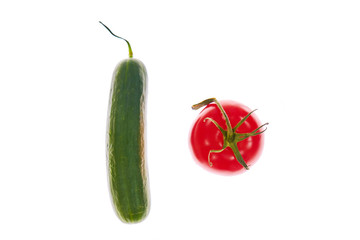 Cucumber and tomato isolated on white background