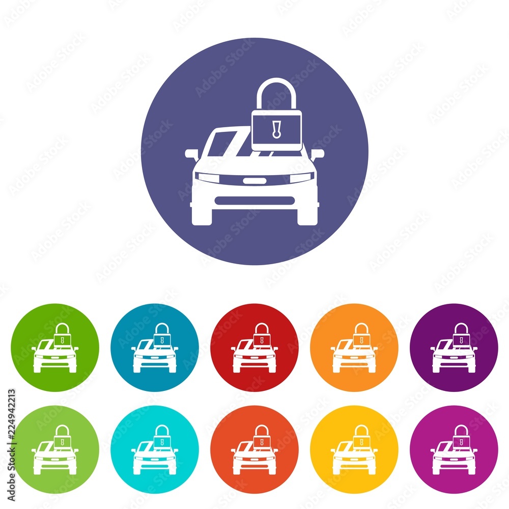 Poster car with padlock set icons in different colors isolated on white background